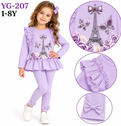 Girls 2pc Eiffel Tower Diamante Ruffle Top & Leggings Set (1-8y)