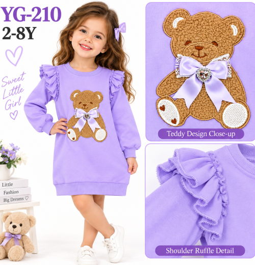 Girls Teddy Ruffle Sleeve Dress (2-8y)