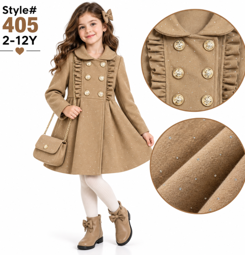 Girls Diamante Ruffle Coat with Purse (2-12y)