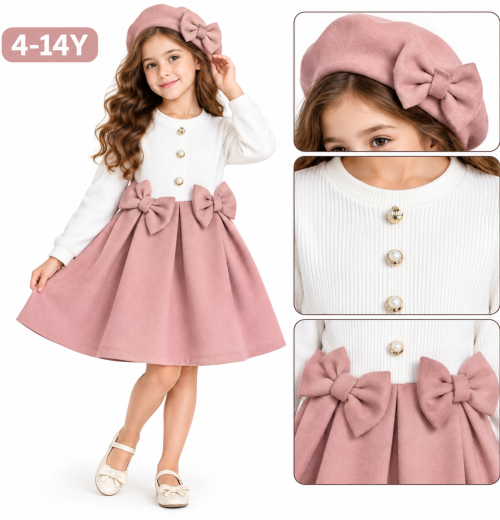 Girls Double Bow Pleated Dress with Hat (4-14y)