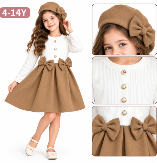 Girls Double Bow Pleated Dress with Hat (4-14y)