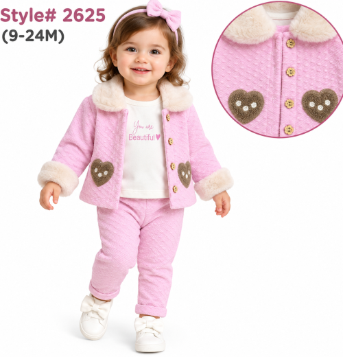 Baby Girls 3pc Fur Trim Heart Jacket, Top & Bottoms Set (9-24M)