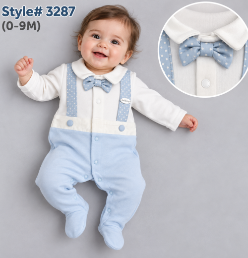 Baby Boys All in One Attached Braces & Bow Tie Romper (0-9m)