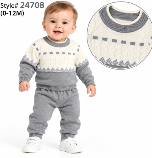 Baby Boys 2pc Cable Knitted Top & Bottoms Set (0-12m)
