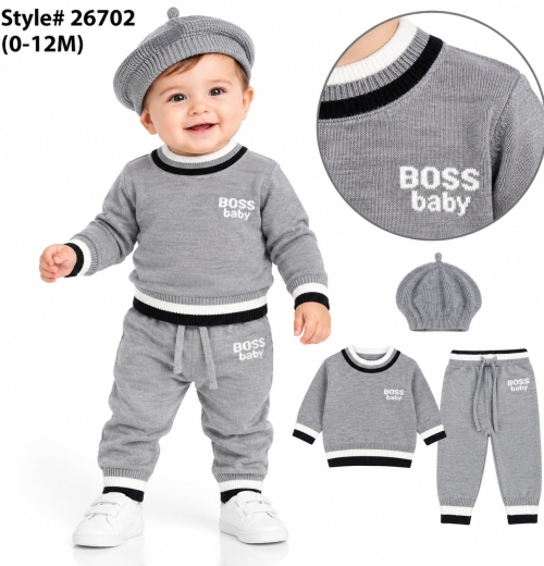 Baby Boys 3pc 'Boss Baby' Knitted Top & Bottoms Set with Hat (0-12m)
