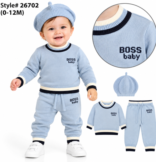 Baby Boys 3pc 'Boss Baby' Knitted Top & Bottoms Set with Hat (0-12m)