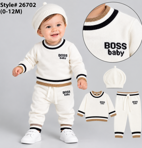 Baby Boys 3pc 'Boss Baby' Knitted Top & Bottoms Set with Hat (0-12m)
