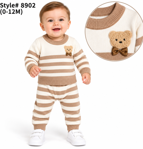 Baby Boys 2pc Teddy Stripe Knitted Top & Bottoms Set with Hat (0-12m)