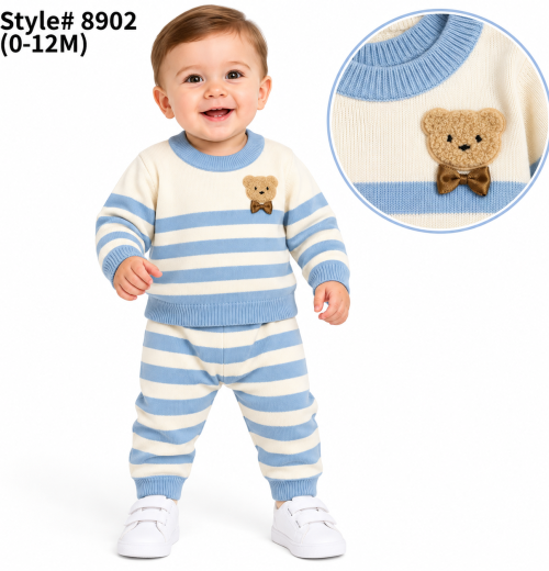 Baby Boys 2pc Teddy Stripe Knitted Top & Bottoms Set with Hat (0-12m)