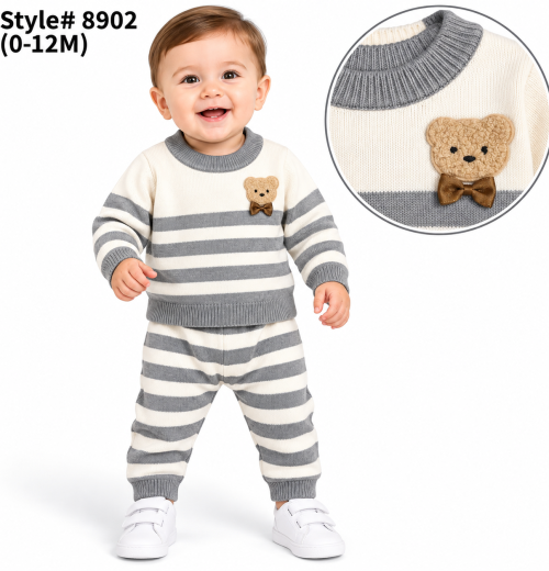 Baby Boys 2pc Teddy Stripe Knitted Top & Bottoms Set with Hat (0-12m)