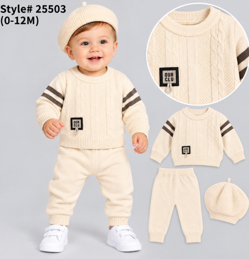 Baby Boys 3pc Cable Knitted Top & Bottoms Set with Hat (0-12m)