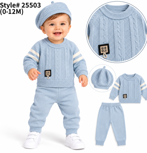 Baby Boys 3pc Cable Knitted Top & Bottoms Set with Hat (0-12m)