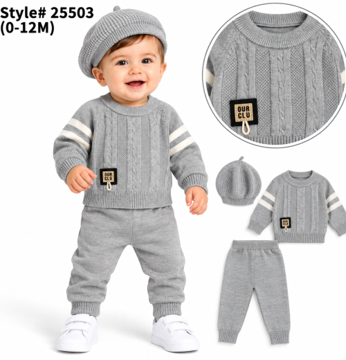 Baby Boys 3pc Cable Knitted Top & Bottoms Set with Hat (0-12m)