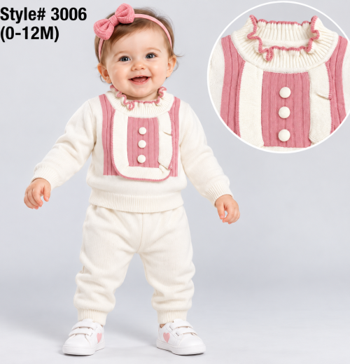 Baby Girls 2pc Ruffle Knitted Top & Bottoms Set (0-12m)