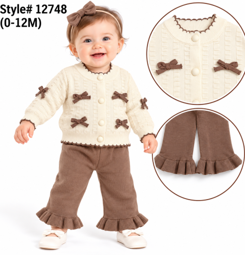 Baby Girls 2pc Knitted Bow Cardigan & Bottoms Set (0-12m)