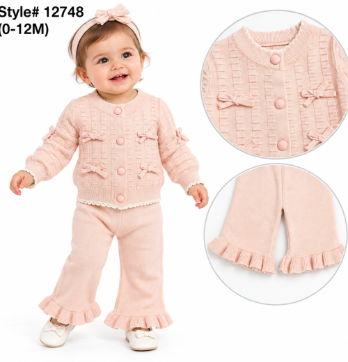 Baby Girls 2pc Knitted Bow Cardigan & Bottoms Set (0-12m)