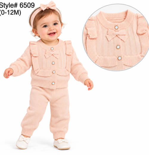 Baby Girls 2pc Bow Knitted Cardigan & Bottoms Set (0-12m)