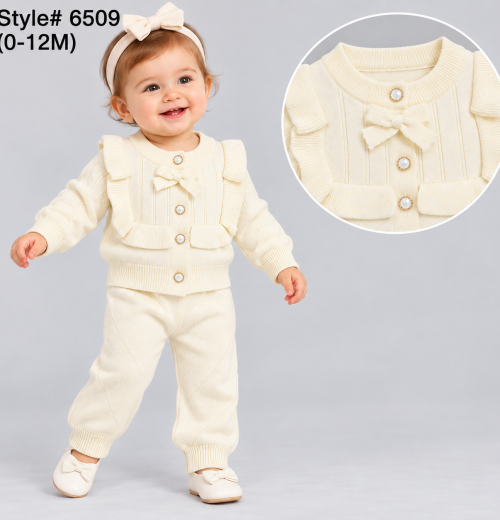 Baby Girls 2pc Bow Knitted Cardigan & Bottoms Set (0-12m)