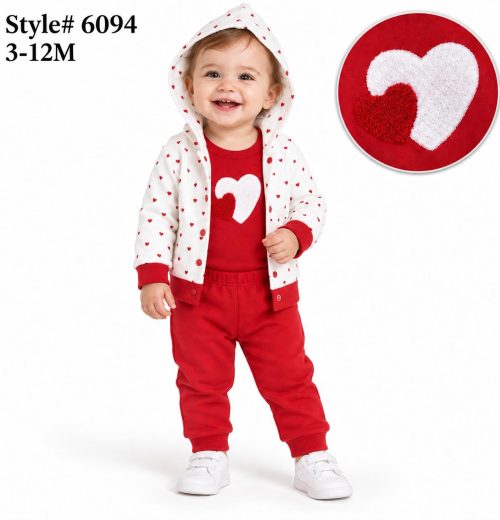 Baby Girls 3pc Heart Embossed Top & Bottoms Set (3-12m)