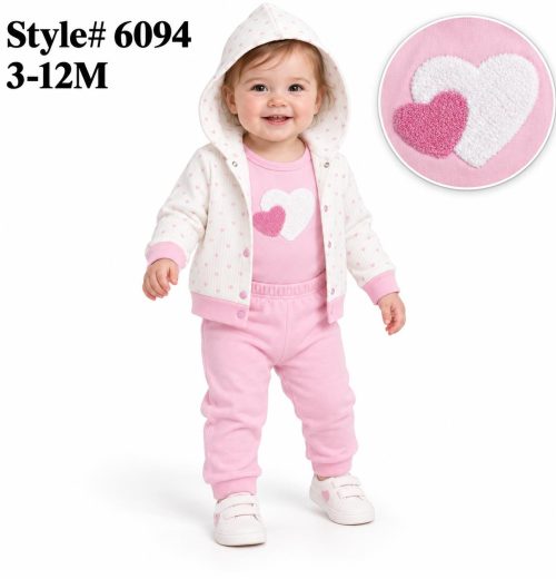 Baby Girls 3pc Heart Embossed Top & Bottoms Set (3-12m)