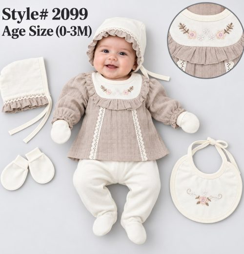 Baby Girls 5pc Spanish Floral Set with Bonnet, Mittens & Bib (0-3m)