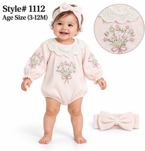 Baby Girls 2pc Spanish Floral Embroidered Lace Romper & Headband Set (3-12m)