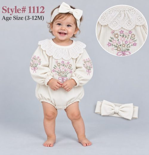 Baby Girls 2pc Spanish Floral Embroidered Lace Romper & Headband Set (3-12m)