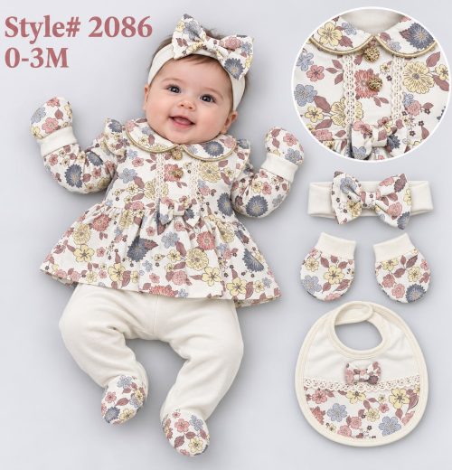 Baby Girls 5pc Spanish Floral Lace Set with Headband, Mittens & Bib (0-3m)