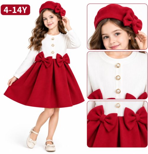 Girls Double Bow Pleated Dress with Hat (4-14y)