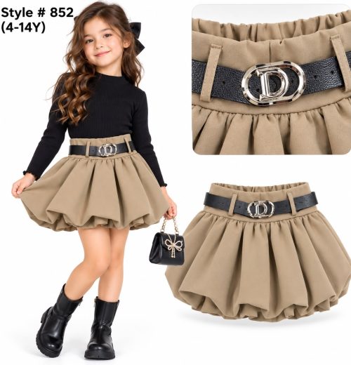 Girls Pleated Balloon Style Skirt with Belt (4-14y)