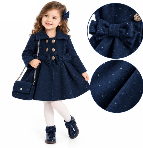 Girls 2pc Diamante Double Bow Coat & Purse Set (2-12y)