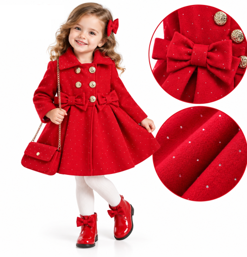 Girls 2pc Diamante Double Bow Coat & Purse Set (2-12y)