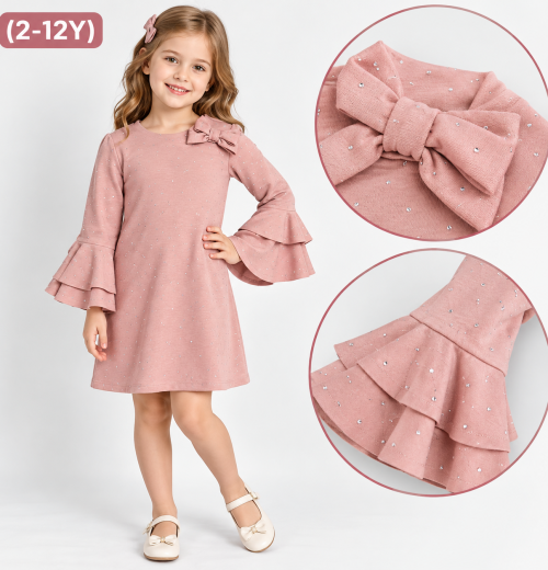 Girls Diamante Layered Sleeve Bow Dress (2-12y)