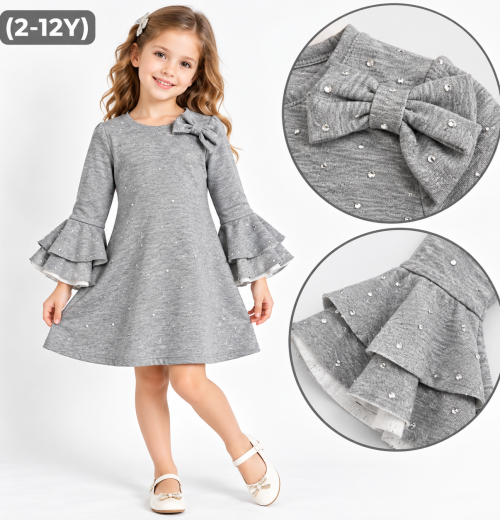 Girls Diamante Layered Sleeve Bow Dress (2-12y)