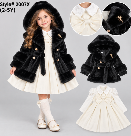 Girls 2pc Faux Fur Hooded Coat & Pleated Dress Set (2-5y)