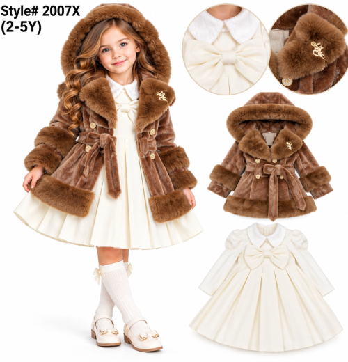 Girls 2pc Faux Fur Hooded Coat & Pleated Dress Set (2-5y)