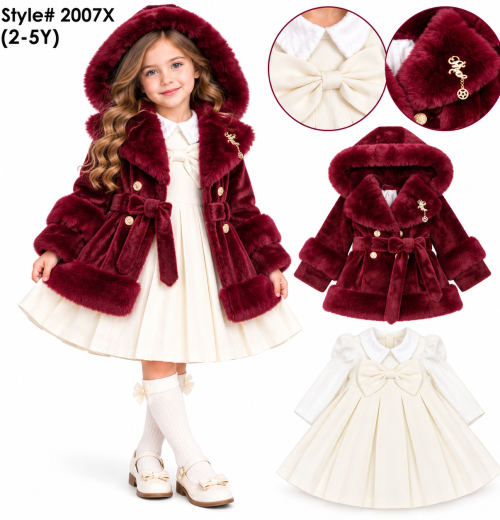 Girls 2pc Faux Fur Hooded Coat & Pleated Dress Set (2-5y)