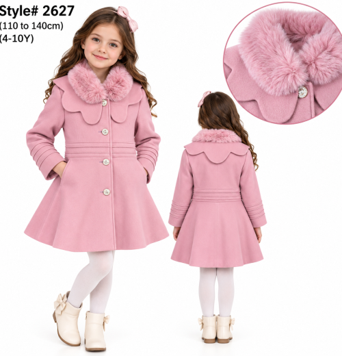 Girls Fur Collar Pleated Coat (4-10y)