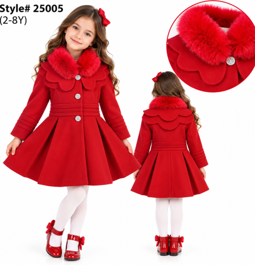 Girls Fur Collar Pleated Coat (4-10y)