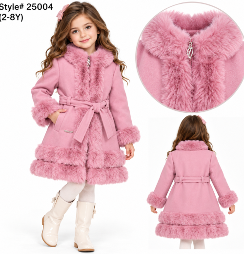 Girls Fur Trim Zip Coat with Belt (2-8y)