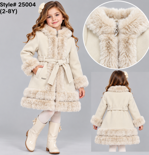 Girls Fur Trim Zip Coat with Belt (2-8y)