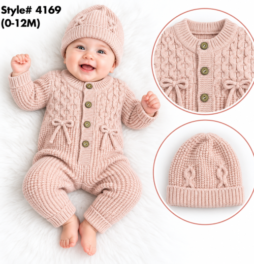 Baby Girls 2pc Cable Knitted Romper & Hat Set (0-12m)