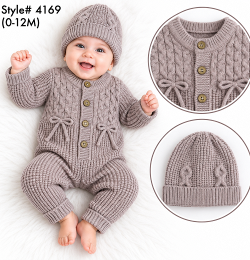 Baby Girls 2pc Cable Knitted Romper & Hat Set (0-12m)