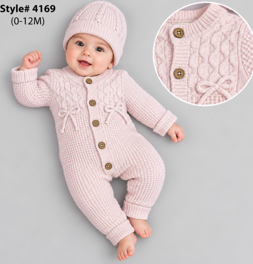 Baby Girls 2pc Cable Knitted Romper & Hat Set (0-12m)