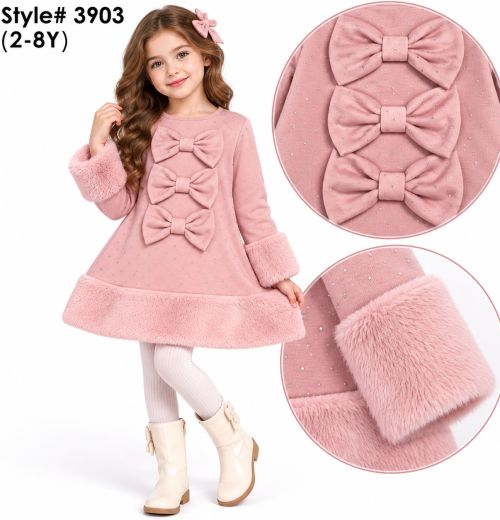 Girls Diamante Triple Bow Fur Trim Dress (2-8y)