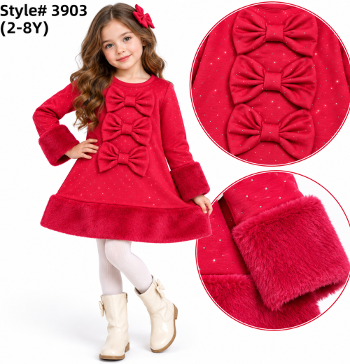 Girls Diamante Triple Bow Fur Trim Dress (2-8y)