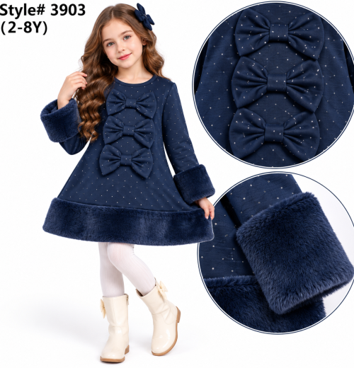 Girls Diamante Triple Bow Fur Trim Dress (2-8y)