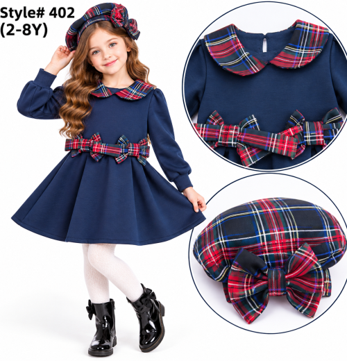 Girls 2pc Tartan Bow Dress & Hat Set (2-8y)