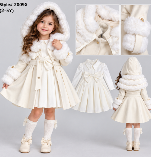 Girls 2pc Fur Trim Hooded Coat & Pleated Dress Set (2-5y)