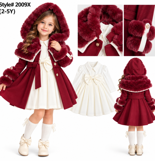 Girls 2pc Fur Trim Hooded Coat & Pleated Dress Set (2-5y)